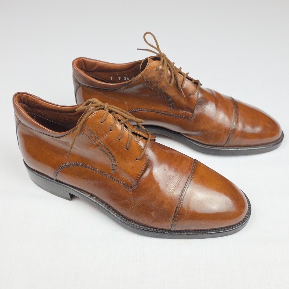 Johnston & Murphy Cellini Cap Toe Derby Mens 9.5 W Brown Leather Made in Italy